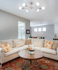 Living room with Six Light Nickel Sputnik Ceiling Chandelier With Mid Century Style, modern semi flush mount light fixture.