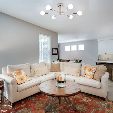 Living room with Six Light Nickel Sputnik Ceiling Chandelier With Mid Century Style, modern semi flush mount light fixture.