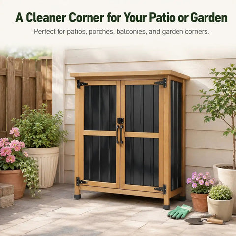 Outdoor Storage Cabinet For Small Spaces Wood And Metal Build With Weather Resistant Asphalt Roof Double Locking Doors