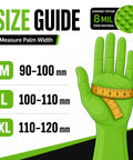 Size guide for Tough As Nails 8 Mil Green Nitrile Disposable Industrial Work Gloves with measurements for palm width.