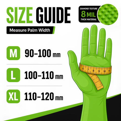 Size guide for Tough As Nails 8 Mil Green Nitrile Disposable Industrial Work Gloves with measurements for palm width.