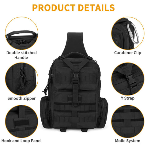Rugged Tactical Molle Sling Bag With Single Strap For Men EDC Everyday Carry Pack showing product features and details.
