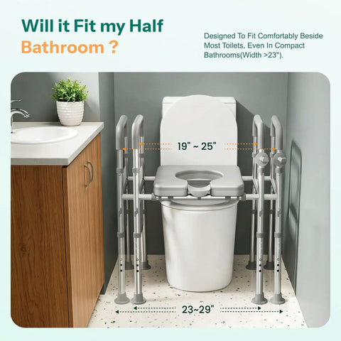 Heavy Duty Raised Toilet Seat With Grip Bars For Seniors, adjustable dimensions for compact bathroom fitting.