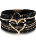 Killer Boho Western Leather Wrap Bracelet For Women With Layered Cuff Strands Heart Stone Charm, black leather, 7.67 inch length.