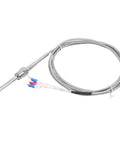 Waterproof 3 Wire RTD PT100 Sensor Probe With Stainless Steel Heavy Duty Construction For PID Controllers, NPT One Quarter Inch Pipe Thread, Insulated Shielded Lead Wire, From Minus Fifty To Five Hundred Celsius, Two Meter Cable, laid out on white background.
