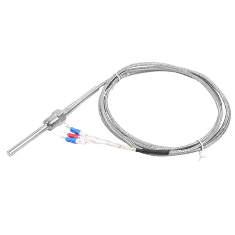 Waterproof 3 Wire RTD PT100 Sensor Probe With Stainless Steel Heavy Duty Construction For PID Controllers, NPT One Quarter Inch Pipe Thread, Insulated Shielded Lead Wire, From Minus Fifty To Five Hundred Celsius, Two Meter Cable, laid out on white background.