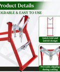 Heavy Duty Steel Log Cutting Stand Folds Flat Saves Garage Space shown in red design with chain clamp for secure log cutting.