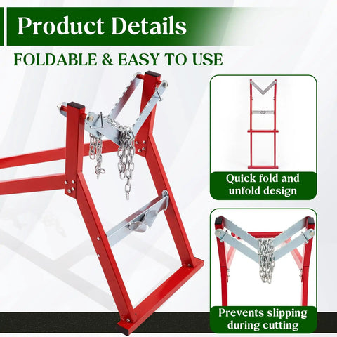 Heavy Duty Steel Log Cutting Stand Folds Flat Saves Garage Space shown in red design with chain clamp for secure log cutting.