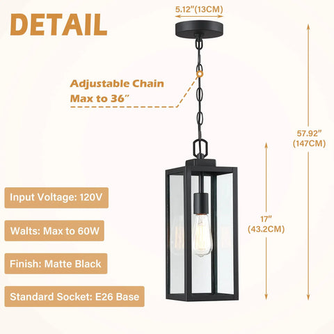 Outdoor Pendant Light Matte Black Adjustable Exterior Hanging Porch Lighting Waterproof Ceiling Mount Lamp With Clear Glass Shade For Front Porch And Entryway ETL Listed, detail view showing dimensions