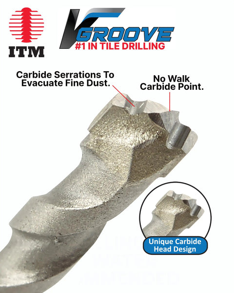 Close-up of V-Groove Tile Drill Bits 1/4 Inch By 4 Inch Carbide Tipped 25 Pack for Porcelain Ceramic Marble Stone and Glass Tile