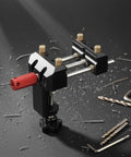 Premium Blue Aluminum Bench Vise With Sliding Screw And Brass Jaws For CNC Machining, showcasing precise clamping tool with red handle.
