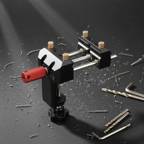 Premium Blue Aluminum Bench Vise With Sliding Screw And Brass Jaws For CNC Machining, showcasing precise clamping tool with red handle.