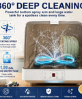 Top Shelf Portable Countertop Dishwasher With Attached Water Tank And Three Rapid Wash Cycles High Heat Clean For Dorms Apartments And Camper Vans Smooth Operator No Sweat Routine showing 360° rotating spray cleaning plates in a large water tank.