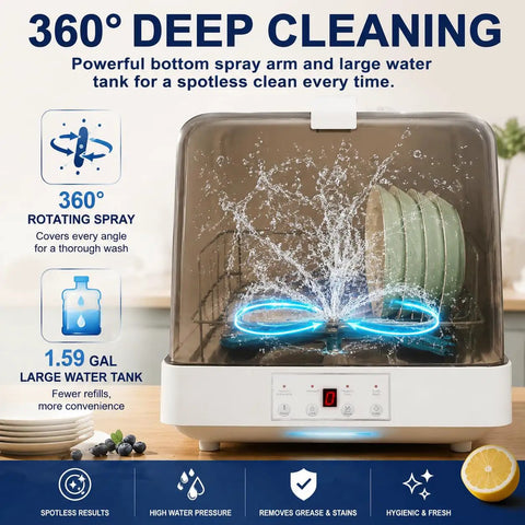Top Shelf Portable Countertop Dishwasher With Attached Water Tank And Three Rapid Wash Cycles High Heat Clean For Dorms Apartments And Camper Vans Smooth Operator No Sweat Routine showing 360° rotating spray cleaning plates in a large water tank.