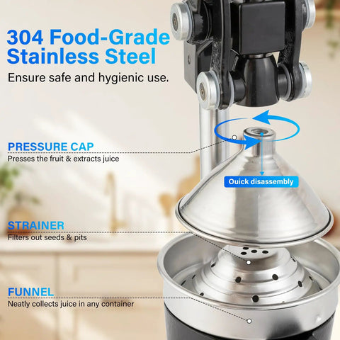 Heavy Duty Manual Citrus Juicer Press For Home Or Commercial Grade Kitchens Durable Cast Iron And Stainless Steel Hand Press Orange Lemon Squeezer Countertop Juicer Extractor Easy To Clean Black showing stainless steel components and disassembly instructions