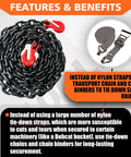 G80 Binder And Safety Chain Three Eighths Inch By Twenty Foot Beefy Heavy Duty Transport Chain With Clevis Grab Hooks 7100 Lbs Working Load with close-up on features and red hooks.