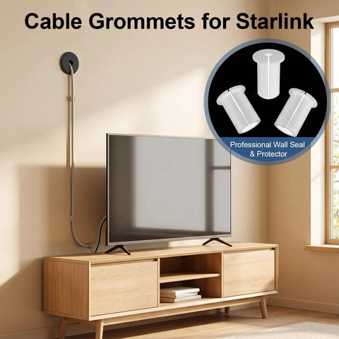 6 Pack Solid Silicone Cable Grommets For Walls Dustproof Waterproof Shield Keeps Starlink Dishy And Ethernet Lines Secure With A Snug No Sweat Pass Through Fit in a living room setting.