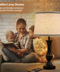 Drum Lampshades Set Of 2 Natural Linen Hand Crafted With Harp Holder Included, cozy light illuminating family reading scene