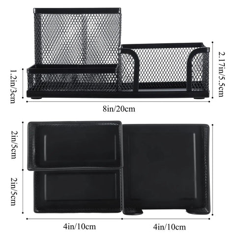 Mesh Pen Holder Desk Organizer With Three Compartments Metal Office Supply Organizer dimensions illustration