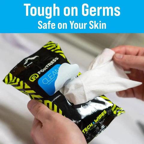 Hands holding On The Go Tech Wipes Pack Of 3, 25 Count Each, Travel Size Skin Safe Clean For Screens Phones Keyboards Monitors TVs And More.