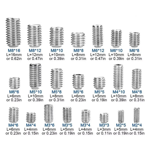 Stainless Steel 304 DIN913 Set Screws Hex Socket Grub Kit Headless Assortment 540 Pieces M2 M3 M4 M5 M6 M8 arranged by size