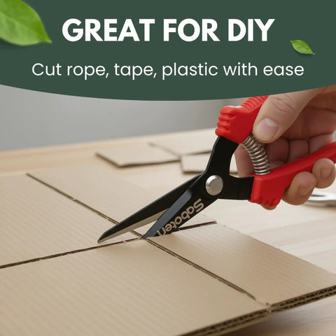 Ultra Lightweight Micro Tip Harvesting Snips For Herbs Flowers Veggies With 65g Weight snipping cardboard, red handle visible