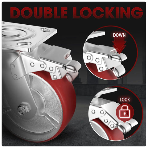 Close-up of Heavy Duty 6 Inch Caster Set With Two Locking Brakes showing the double locking mechanism on polyurethane wheels.