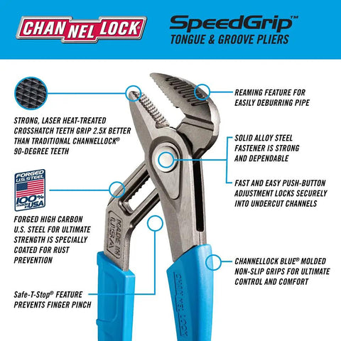 SpeedGrip High Carbon Steel Tongue And Groove Pliers Set With Push Button Adjustment Lock and Safe Stop, Made in USA