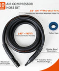 No Fuss Lightweight Hybrid Air Compressor Hose 3/8 In X 10 Ft With 1/4 Inch NPT Couplers Rated To 300 PSI with durable outer cover.
