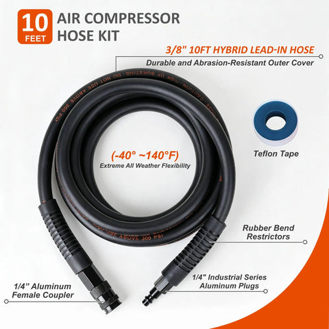 No Fuss Lightweight Hybrid Air Compressor Hose 3/8 In X 10 Ft With 1/4 Inch NPT Couplers Rated To 300 PSI with durable outer cover.