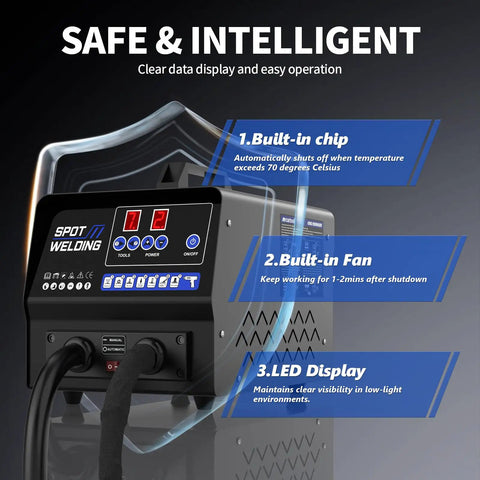 Powerful Auto Body Dent Repair Kit With 4200A Stud Welder, LED display showing safety features and built-in chip for overheat protection.