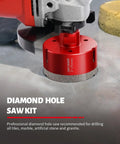 Close-up of Killer 13 Piece Tile Hole Saw Kit with red diamond bit, showing fast clean cuts in granite surface