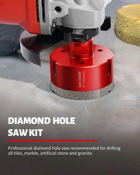 Close-up of Killer 13 Piece Tile Hole Saw Kit with red diamond bit, showing fast clean cuts in granite surface