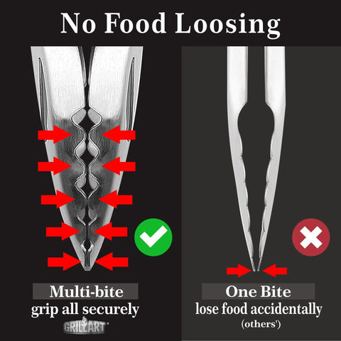 Close-up of tongs from 18 Inch Stainless Steel BBQ Tools Set with secure grip contrasted with standard tongs, illustrating safety.