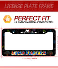 Colorful License Plate Frame With Puzzle Heartbeat Line Design In Premium Stainless Steel includes fitment dimensions and autism message.