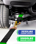 Heavy Duty Car Trailer Ratchet Tie Down Straps With Snap Hooks And Axle Loops 2 Inch Wide 8 Feet Long 10000lb Break Strength 4 Pack securing a tire.