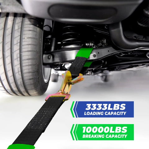 Heavy Duty Car Trailer Ratchet Tie Down Straps With Snap Hooks And Axle Loops 2 Inch Wide 8 Feet Long 10000lb Break Strength 4 Pack securing a tire.
