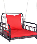 Red Wicker Porch Swing Chair For One With Cushioned Seat And Back, Reinforced Metal Frame, Two Sturdy Hanging Ropes