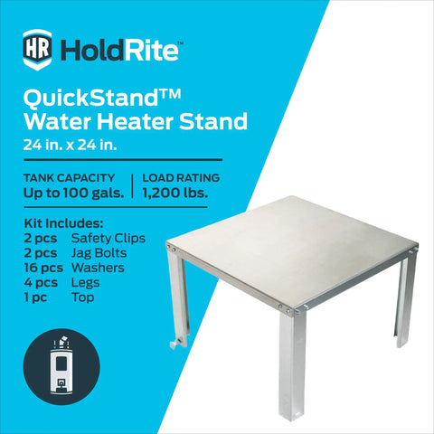 QuickStand 24 Inch Water Heater Stand For Up To 100 Gallons With Easy Assembly shown with specs in blue background