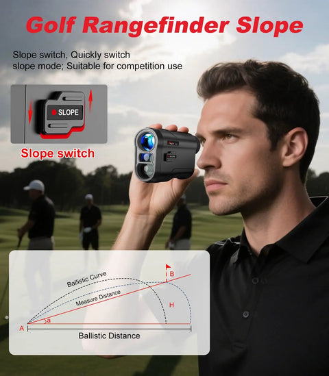 Golfer using Go To Golf Rangefinder With Slope Compensation 1000 Yard Range 6x Magnification Flag Lock Vibration Rechargeable Laser Range Finder