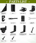 Sliding Gate Hardware Kit For Wooden Fence And Deck Gate Heavy Duty Rolling Gate Kit With Wheels Anti Sag Corner Brackets Guide Rollers And Self Locking Latch Adjustable Fit For 1 To 2 Inch Gates parts list with brackets, casters, latch, guide plate, and screws