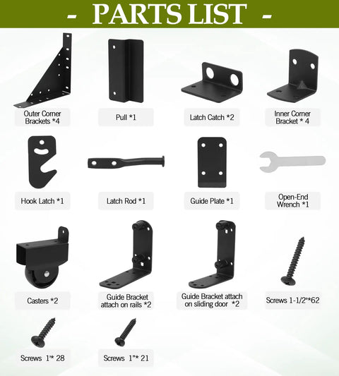 Sliding Gate Hardware Kit For Wooden Fence And Deck Gate Heavy Duty Rolling Gate Kit With Wheels Anti Sag Corner Brackets Guide Rollers And Self Locking Latch Adjustable Fit For 1 To 2 Inch Gates parts list with brackets, casters, latch, guide plate, and screws