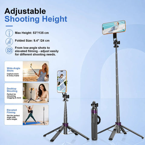 4 In 1 Magnetic Tripod For iPhone With 1 Quarter Inch Screw 53 Inch MagSafe Selfie Stick Tripod showing adjustable shooting height