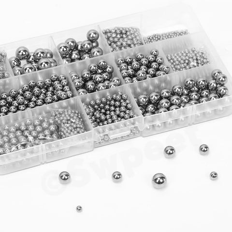Premium Assorted Stainless Steel Ball Bearings Kit Featuring Three Hundred Pieces in Twelve Precise Sizes For Hassle Free Bicycle Repairs Ultra Smooth Caster Wheels And Quick Garage Fixes in a clear storage box.