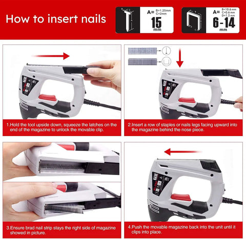 Instructions for inserting nails in 4 In 1 Electric Staple And Brad Nailer Gun, 120V Power Hand Stapler with 1200 Staples And Nails
