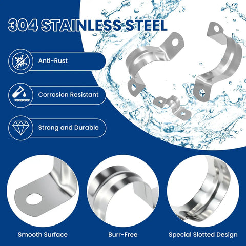 Rugged Pipe Strap Clamp Kit 60 Pcs With Screws 304 Stainless Two Hole U Brackets with anti-rust and corrosion resistance features.