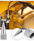 Close-up of Five-Piece Steel Grease Nozzle Replacement Tips Kit for Equipment and Machinery in use with yellow equipment.