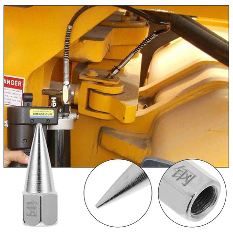 Close-up of Five-Piece Steel Grease Nozzle Replacement Tips Kit for Equipment and Machinery in use with yellow equipment.