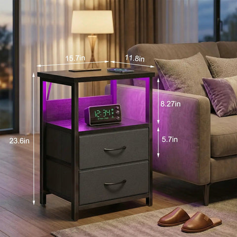 LED Nightstand With Charging Station, USB Ports And Outlets, Dope RGB Color Changing LED Night Light, Built In Storage Drawers