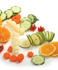 Top view of Norpro garnishing tool set of 5 with spiral, slice, curl, crinkle blades and fruit/vegetable garnishes